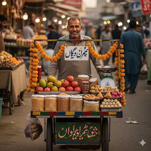 gemini 2.5 flash image (nano banana) man selling things on the cart happily