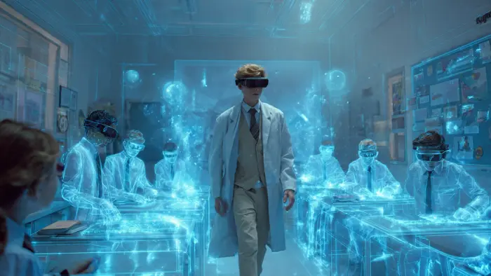 meta vibes ai text to video tool prompt _ a_teacher_walking_through_a_futuristic_classroom 2