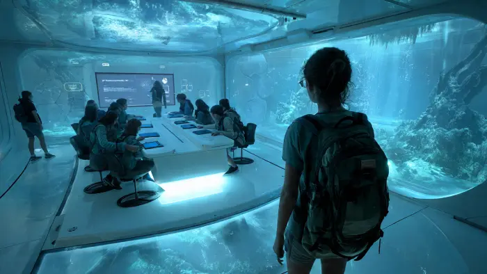 meta vibes ai text to video tool prompt _ a_teacher_walking_through_a_futuristic_classroom 3