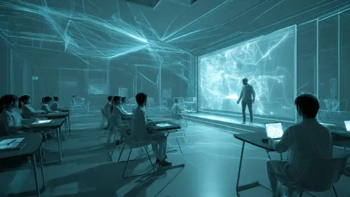 meta vibes ai text to video tool prompt _ a_teacher_walking_through_a_futuristic_classroom 4