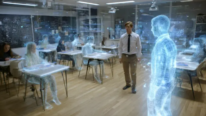 meta vibes ai text to video tool prompt _ a_teacher_walking_through_a_futuristic_classroom