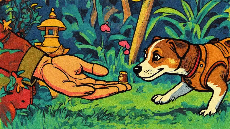 my dog is having a treat in a garden cartoon